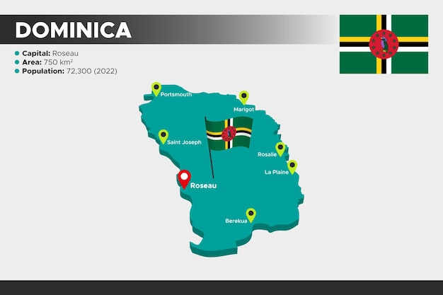 Carte D'illustration 3d Isométrique De La Dominique Drapeau De La Population De La Région Des Capitales Et Carte De La Dominique