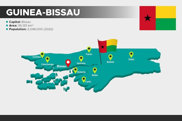 Carte D'illustration 3d Isométrique De La Guinée-bissau Carte De La Population De La Zone Des Capitales Du Drapeau Guinée-bissau