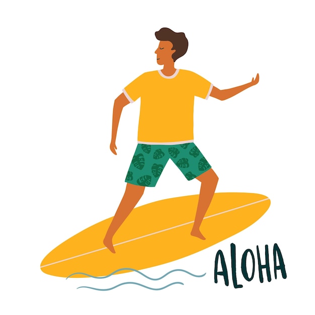 Carte D'illustration De L'heure D'été Vectorielle Avec Surfeur Sur Planche De Surf Attrapant Les Vagues Dans L'océan, La Mer