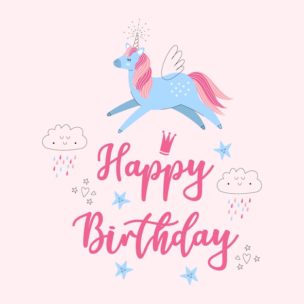 Carte D'illustration Volante Licorne Avec Voeux De Joyeux Anniversaire