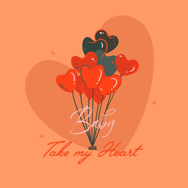 Carte d'illustrations dessinées à la main avec des coeurs ballons à air chaud et bébé prendre mon texte de coeur isolé sur fond orange