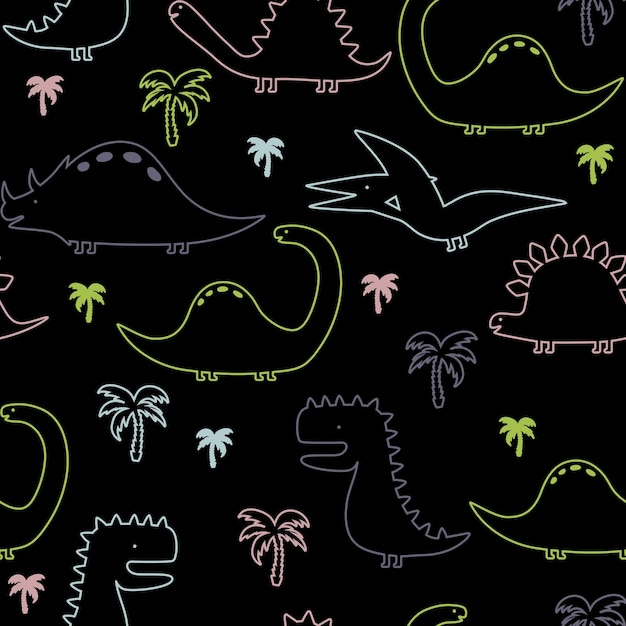 Carte d'impression d'illustration vectorielle pour enfants avec des dinosaures mignons et des palmiers