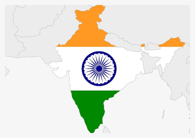 Vecteur carte de l'inde mise en évidence dans les couleurs du drapeau de l'inde, carte grise avec les pays voisins