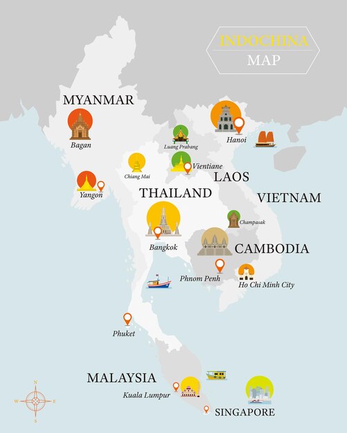 Vecteur carte de l'indochine avec des icônes des monuments de la capitale nationale