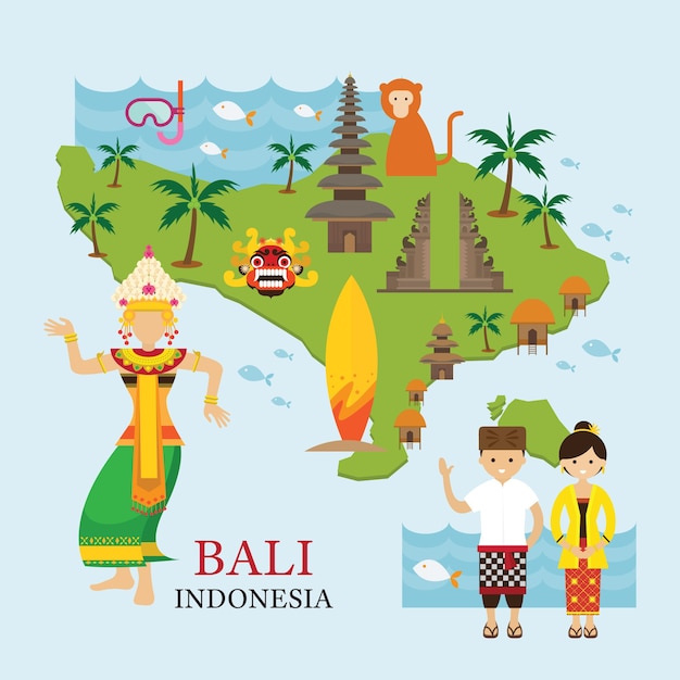Carte De L'indonésie Et Points De Repère Avec Des Personnes En Vêtements Traditionnels