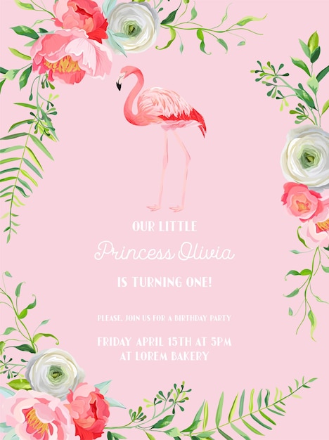 Carte D'invitation D'anniversaire De Bébé Avec Illustration De Beaux Flamants Roses Et Fleurs, Annonce D'arrivée, Salutations En Vecteur