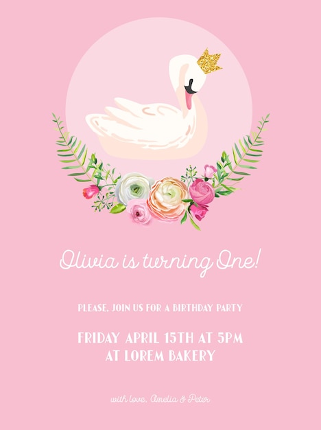 Vecteur carte d'invitation d'anniversaire de bébé avec l'illustration du beau cygne et des fleurs, annonce d'arrivée, salutations dans le vecteur