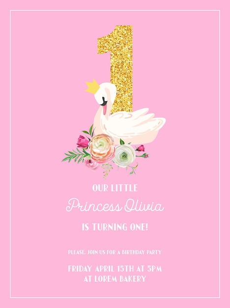 Vecteur carte d'invitation d'anniversaire de bébé avec l'illustration du beau cygne, des fleurs et du numéro un de paillettes dorées, annonce d'arrivée, salutations en vecteur