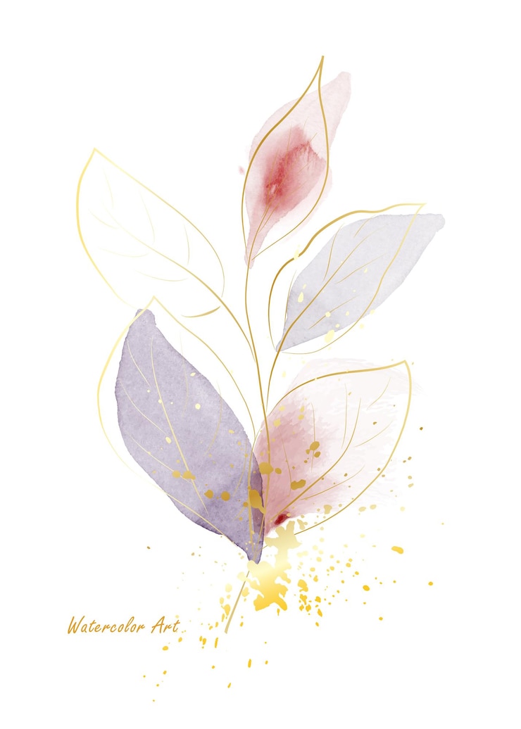 Vecteur carte d'invitation d'art naturel à l'aquarelle de feuilles douces de ligne d'or décorées d'éclaboussures d'or. aquarelle botanique d'art peinte à la main isolée sur fond blanc. pinceau inclus dans le fichier.
