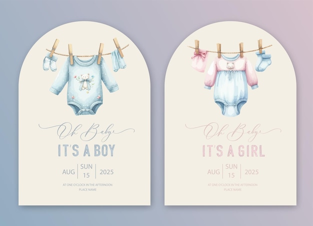 Carte d'invitation à la douche de bébé en aquarelle avec des vêtements de nouveau-né Bonjour, calligraphie de bébé