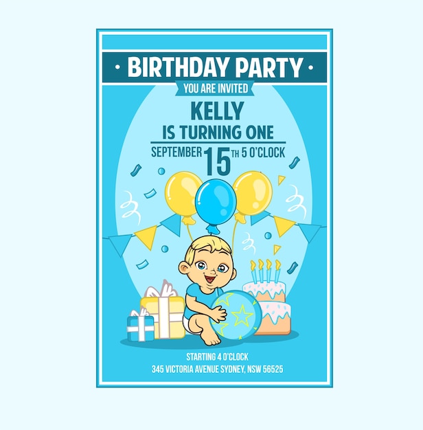 Vecteur carte d'invitation de fête d'anniversaire de bébé enfant en bas âge