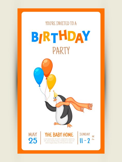 Vecteur carte d'invitation de fête colorée avec un pingouin mignon sur fond blanc. événement de célébration joyeux anniversaire. multicolore. vecteur.