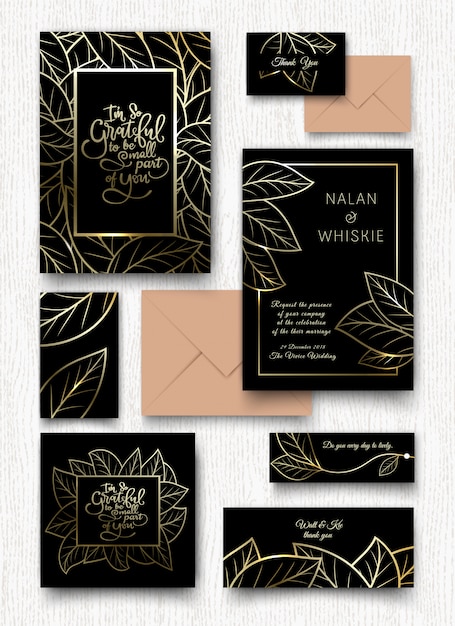 Vecteur carte d'invitation de feuilles d'or