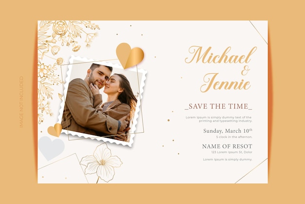 Vecteur carte d'invitation de fiançailles et de mariage doré avec photo