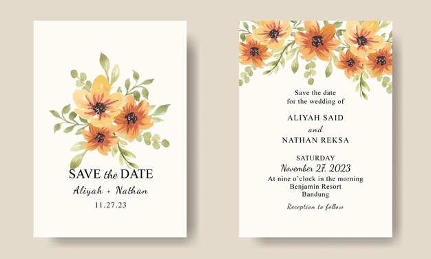 Vecteur carte d'invitation de fleurs aquarelle orange