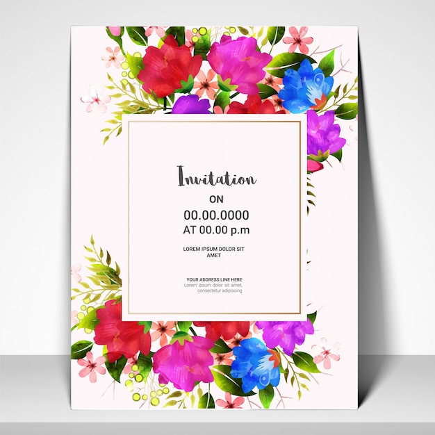 Vecteur carte d'invitation avec des fleurs colorées d'aquarelle.