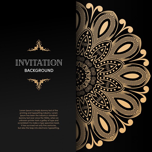 Carte D'invitation De Luxe Mandala Or Avec Fond Noir