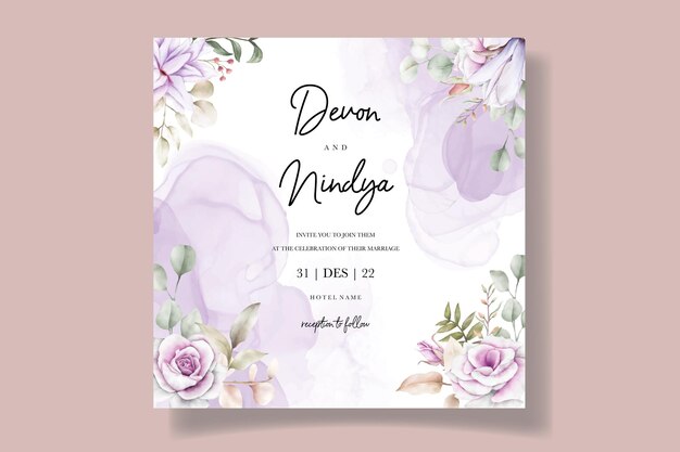 Vecteur carte d'invitation de mariage aquarelle belle fleur pourpre
