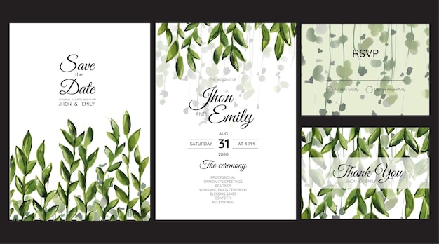 Carte D'invitation De Mariage Aquarelle élégante Avec Des Feuilles De Verdure