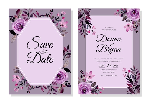 Carte D'invitation De Mariage Avec Aquarelle Florale Violette