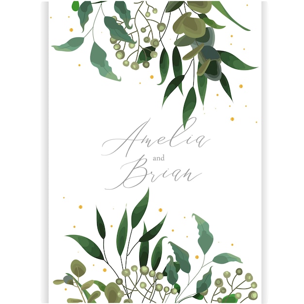 Carte D'invitation De Mariage Avec Bannière Verticale De Feuille D'eucalyptus Réservez La Date