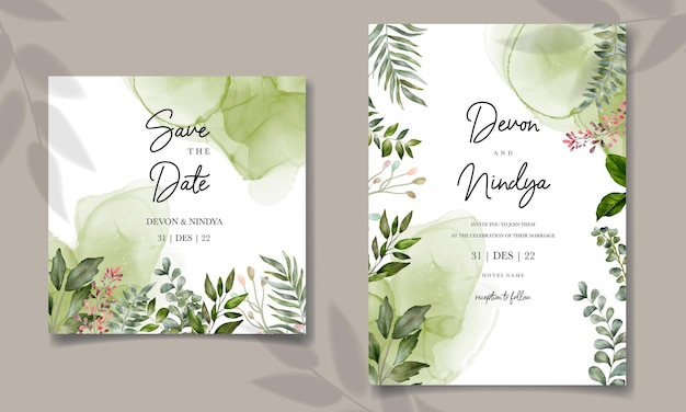 carte d'invitation de mariage avec une belle décoration de feuilles vertes à l'aquarelle