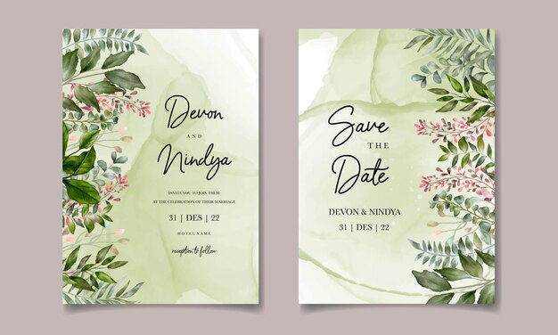 Carte D'invitation De Mariage Avec Une Belle Décoration De Feuilles Vertes à L'aquarelle