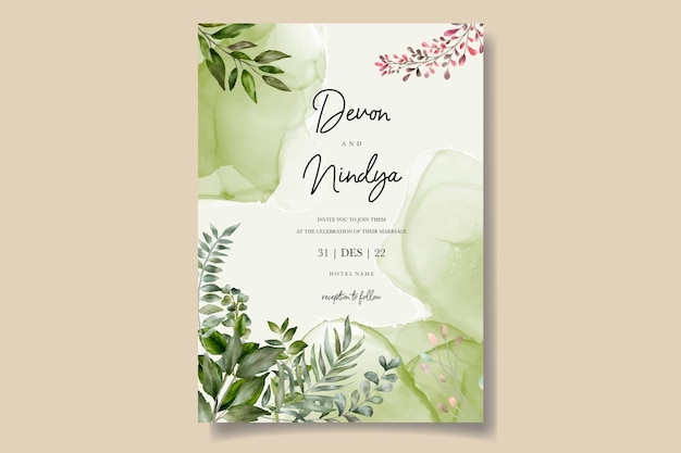 Vecteur carte d'invitation de mariage avec une belle décoration de feuilles vertes à l'aquarelle