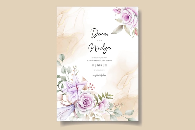 Vecteur carte d'invitation de mariage avec une belle fleur violette aquarelle