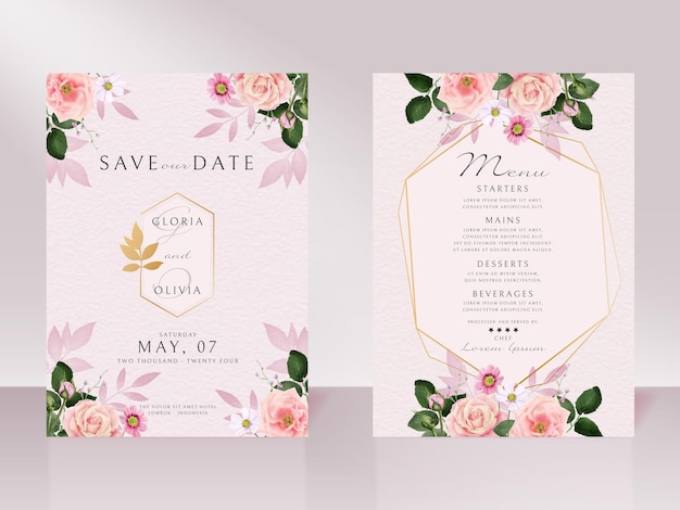 Carte D'invitation De Mariage Avec Une Belle Rose Rose Dessinée à La Main