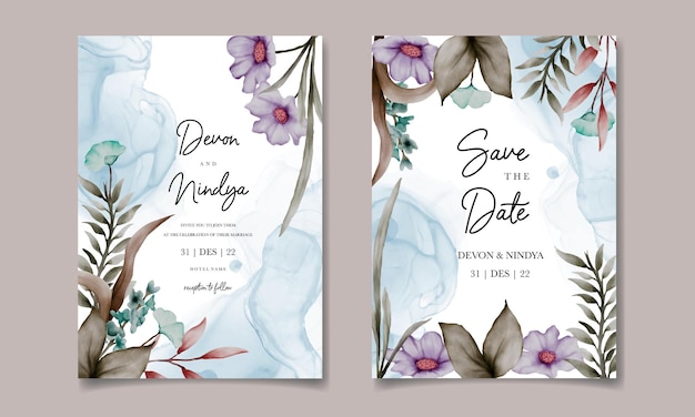 Vecteur carte d'invitation de mariage avec de belles feuilles de fleurs et décoration d'herbe