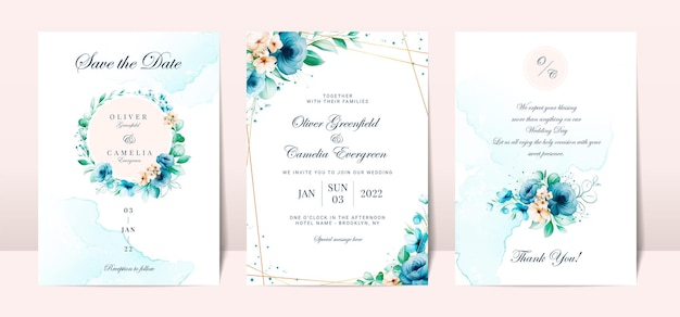 Carte d'invitation de mariage bleu avec décoration florale aquarelle et fond abstrait