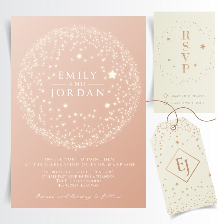 Carte d'invitation de mariage brillant avec cadre étoiles volantes circulaires