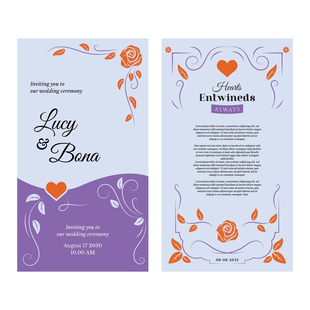 Une carte d'invitation de mariage avec un cadre de fleurs de rose et un fond violet