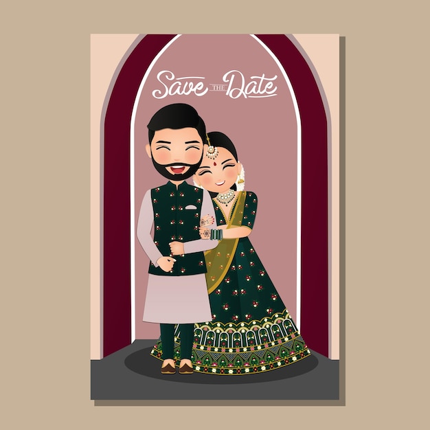 Vecteur carte d'invitation de mariage le couple mignon de mariée et de marié dans la bande dessinée traditionnelle de robe indienne