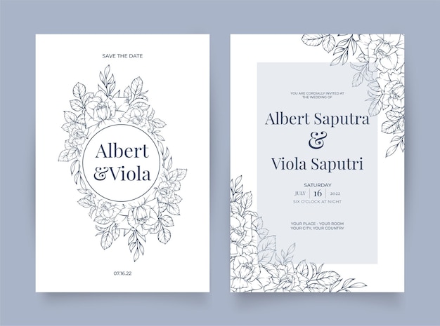 Carte d'invitation de mariage avec dessin au trait fleur rose
