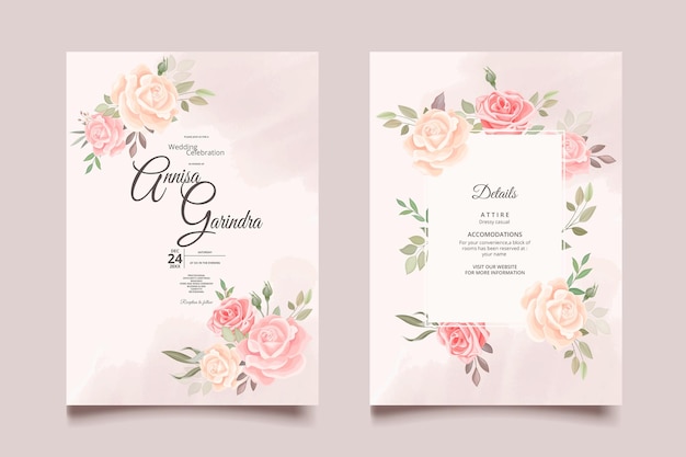 Vecteur carte d'invitation de mariage élégant avec beau modèle floral et feuilles vecteur premium