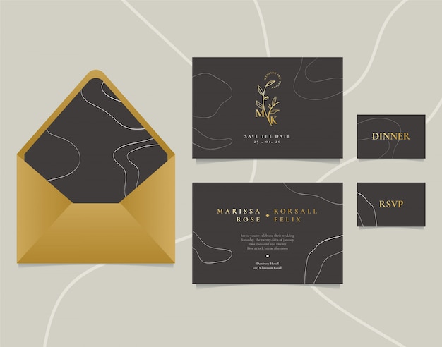 Vecteur carte d'invitation de mariage élégant avec dessin au trait abstrait et logo doré