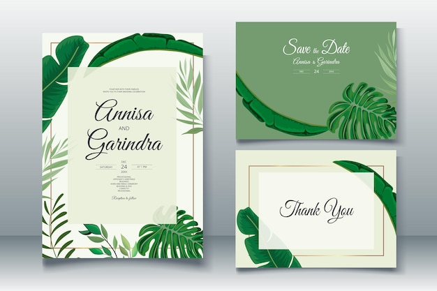 Carte D'invitation De Mariage élégante Avec Beau Modèle De Feuilles Tropicales Vecteur Premium