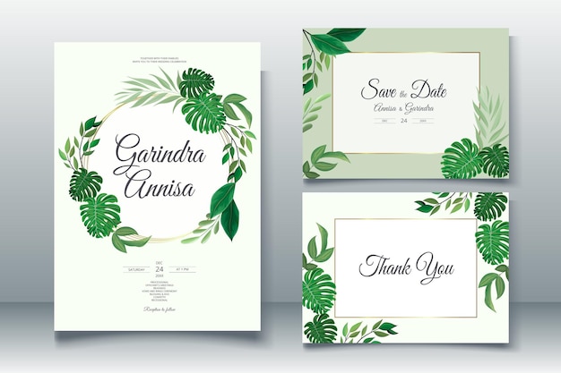 Carte D'invitation De Mariage élégante Avec Beau Modèle De Feuilles Tropicales Vecteur Premium