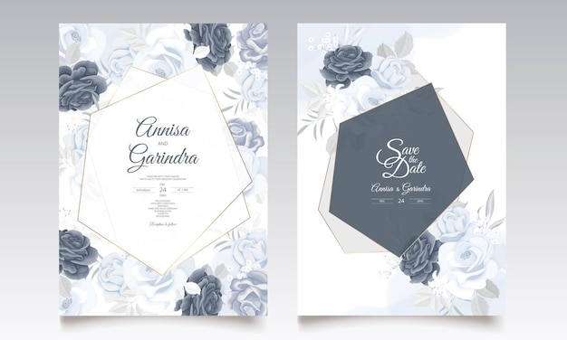 Carte D'invitation De Mariage élégante Avec Un Beau Modèle De Fleurs Et De Feuilles Bleu Marine