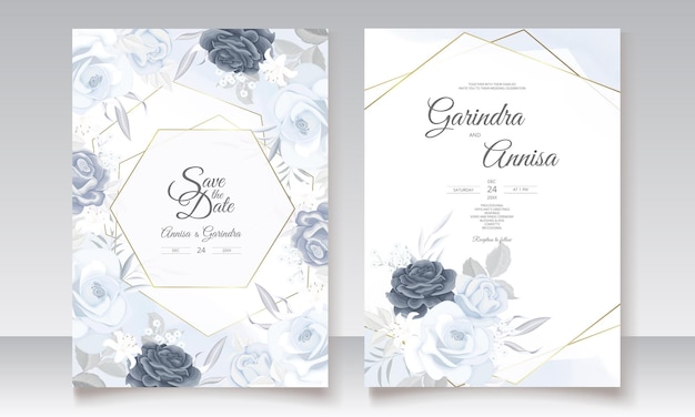Carte D'invitation De Mariage élégante Avec Un Beau Modèle De Fleurs Et De Feuilles Bleu Marine