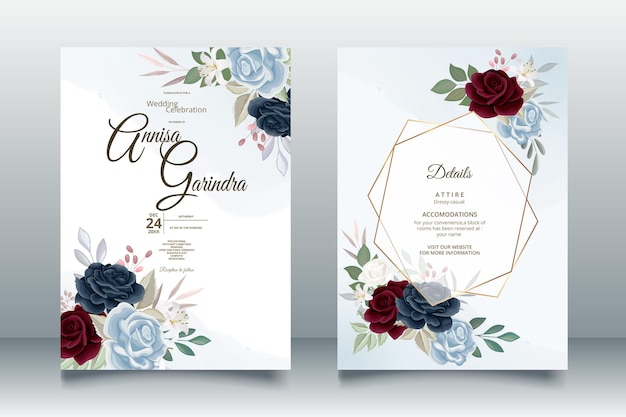 Carte D'invitation De Mariage élégante Avec Beau Modèle Floral Et Feuilles Bleu Marine Vecteur Premium