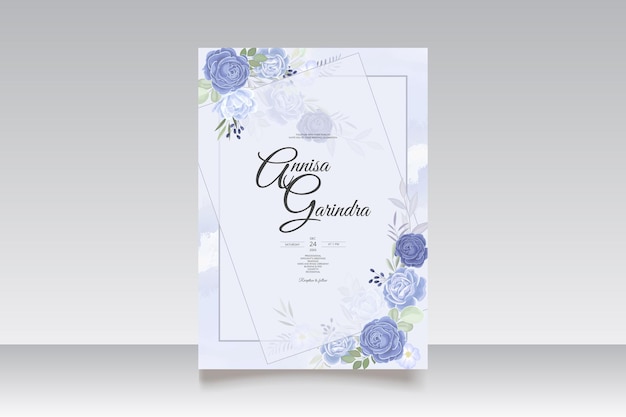 Carte D'invitation De Mariage élégante Avec Beau Modèle Floral Et Feuilles Bleu Marine Vecteur Premium