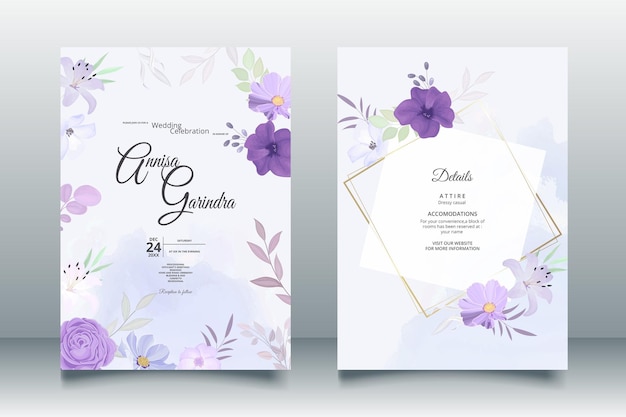 Vecteur carte d'invitation de mariage élégante avec beau modèle floral et feuilles violet vecteur premium