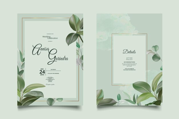 Vecteur carte d'invitation de mariage élégante avec modèle de belles feuilles vecteur premium