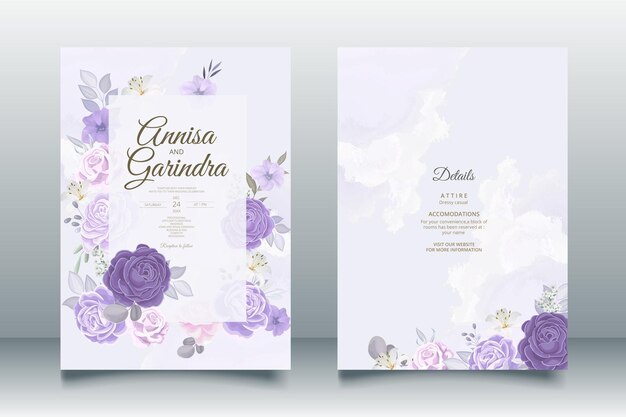 Vecteur carte d'invitation de mariage élégante avec modèle floral et feuilles violet vecteur premium