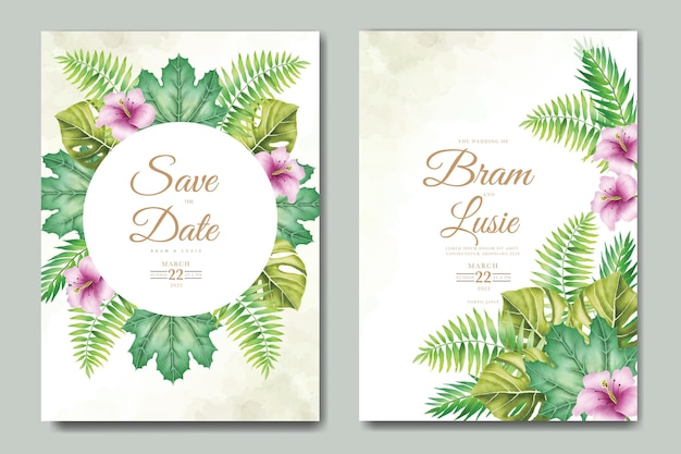 Carte D & # 39; Invitation De Mariage Avec Des Feuilles Aquarelle Tropicale