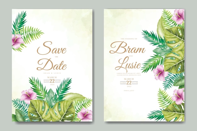 Carte D & # 39; Invitation De Mariage Avec Des Feuilles Aquarelle Tropicale