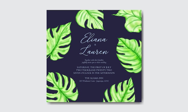 Carte d'invitation de mariage avec des feuilles tropicales aquarelles